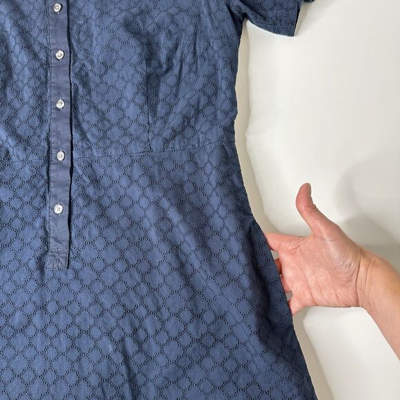 Lands End Eyelet Popover Dress Sz 14 Navy Blue Midi Vacation Career Pockets - Picture 9 of 15